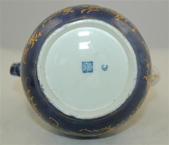 A Worcester powder blue ground coffee pot and cover, c.1760-70, 23cm, damaged
